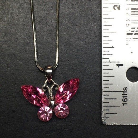 Rhinestone Butterfly Pendant Necklace Silver Pink Sparkle Retro BoHo - Picture 5 of 6
